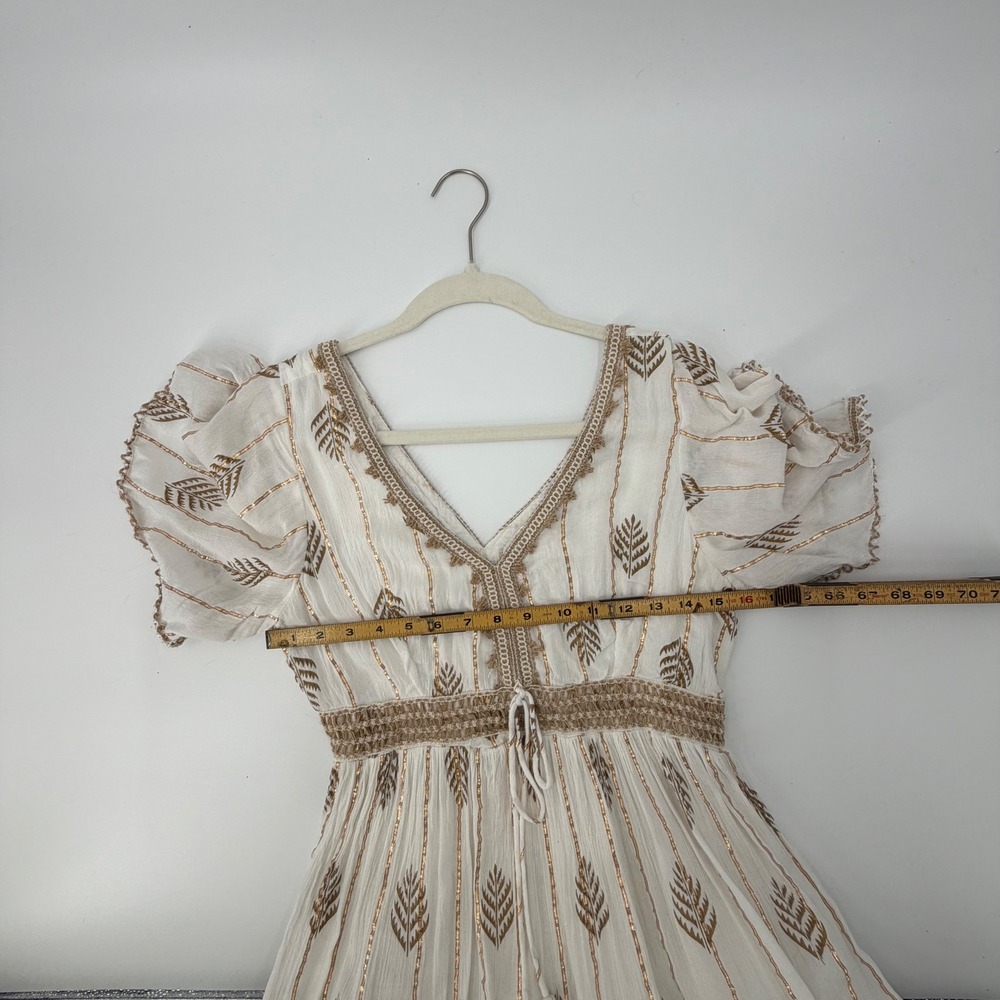Ananta White‎ Gold Metallic Lurex Embroidered Boho Mini Dress S/M V-Neck Tassel - Picture 2 of 6